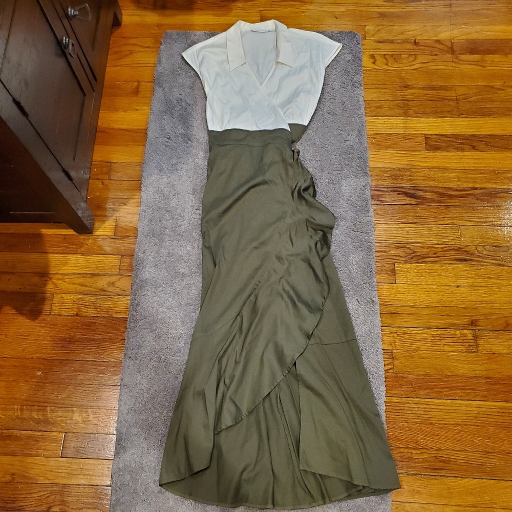 NY & Co. cream/green maxi wrap dress w/ruffle hem
